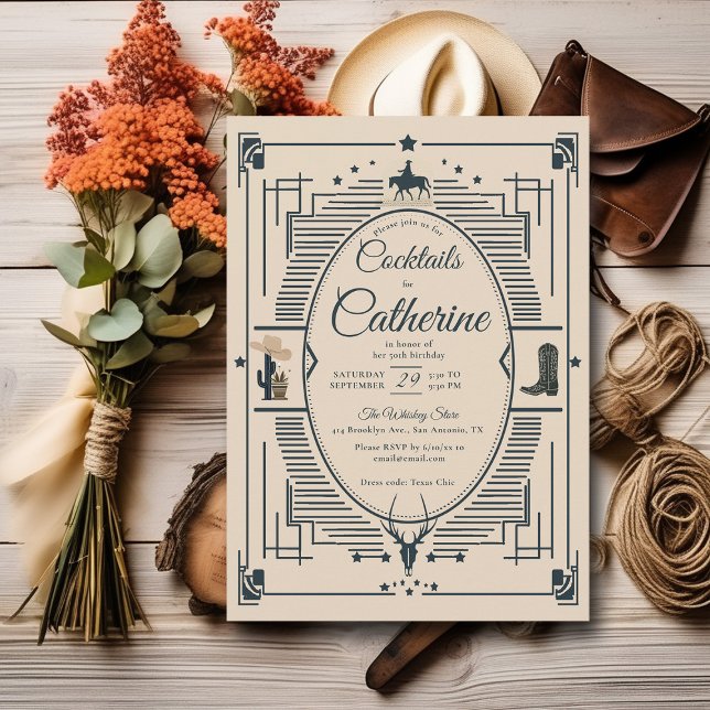 Convites Country Chic Frame Cocktails Party 50º Aniversário (country western rustic elegant 50th birthday invitation cocktail party desert tan modern classy)