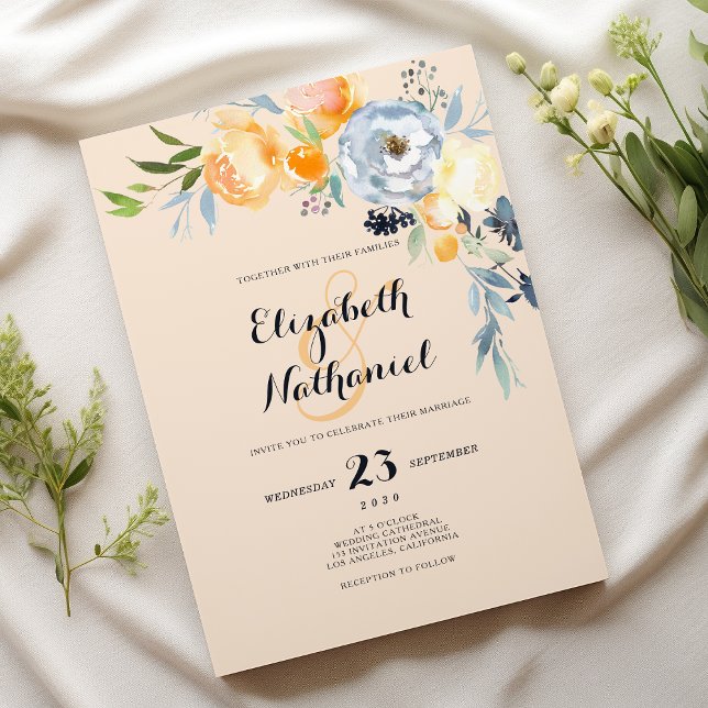 Convites Country chic orange blue ivory floral wedding (Country chic orange blue ivory floral wedding)