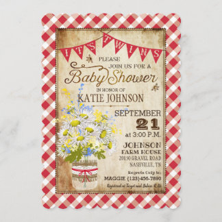 Convites Country Daisies Gingham Check Twins Chá de fraldas