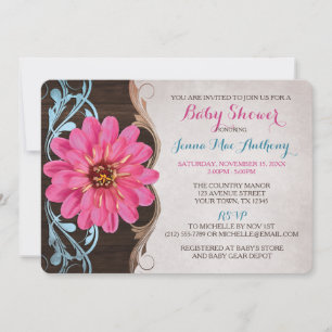 Convites Country Girl Rosa Zinnia Baby Shower Invasores