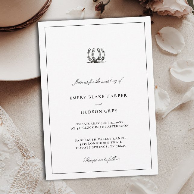 Convites Country Horseshoe Frame Western Elegant BW Wedding (western wedding invitation cowboy country horseshoes horse lovers black white art sketch elegant)