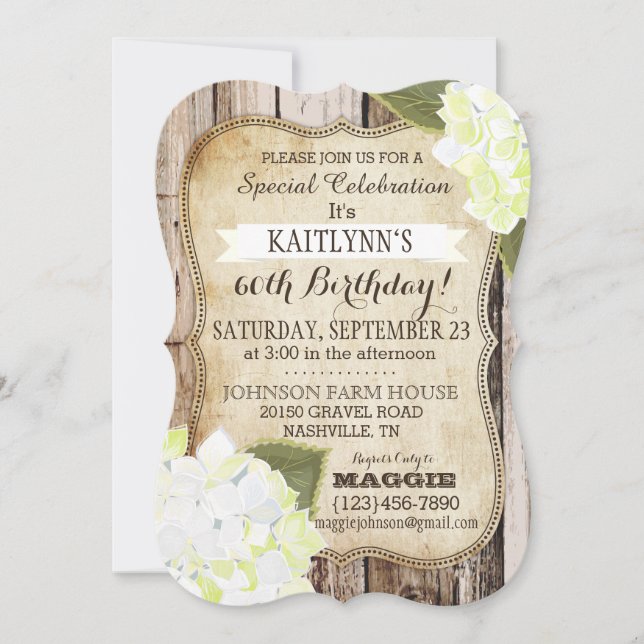 Convites Country Hydrangeas e Rustic Wood Birthday Convidam (Frente)