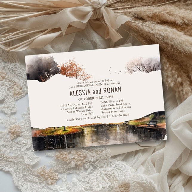 Convites Country Lake Watercolor Wedding Rehearsal Dinner (Fall Lake Wedding Rehearsal Dinner Invite by Darling & May - buy digital file or professional prints)