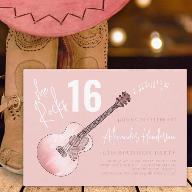 Convites Country Music Guitar 16th, cor-de-rosa (16th birthday party pink country guitar music invitation )
