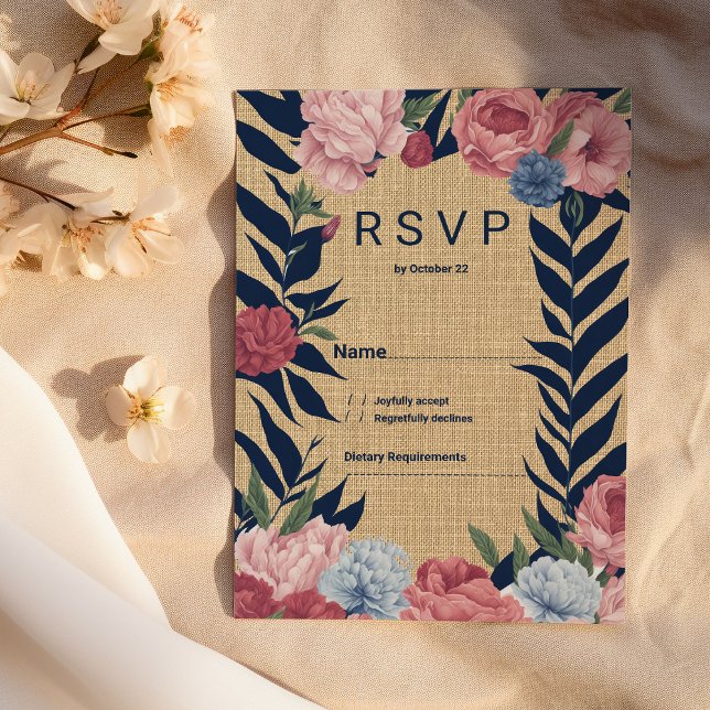Convites Country rustic ivory navy blue pink floral RSVP (Country rustic ivory navy blue pink floral RSVP)
