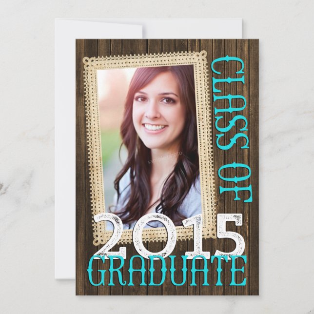 Convites Country Rustic Wood Teal Photo 2015 Graduation (Frente)