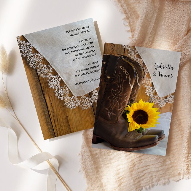 Convites Country Sunflower and Lace Western Weding (Criador carregado)