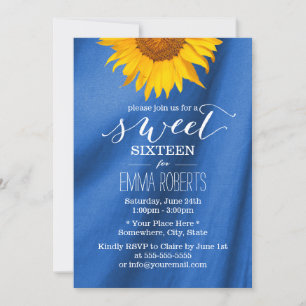 Convites Country Sunflower Royal Blue Sweet 16 aniversário