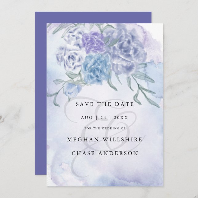 Convites Country Watercolor Floral Dusty Blue (Frente/Verso)