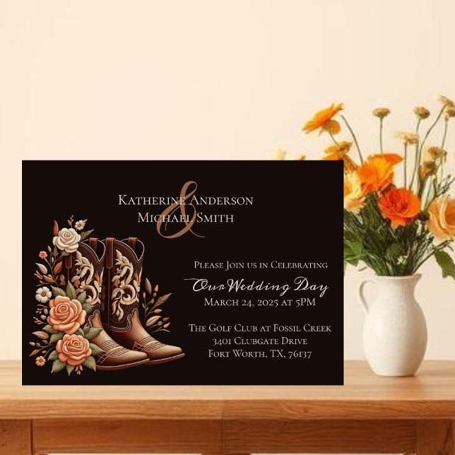 Convites Country Western Flowers com Boots de Cowboy (Modern Elegant Country Western-Cowboy Boots with Flowers Invitation)