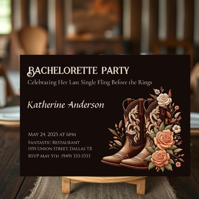 Convites Country Western Flowers com Boots de Cowboy (Country Western Flowers with Cowboy Boots Invitation dark)