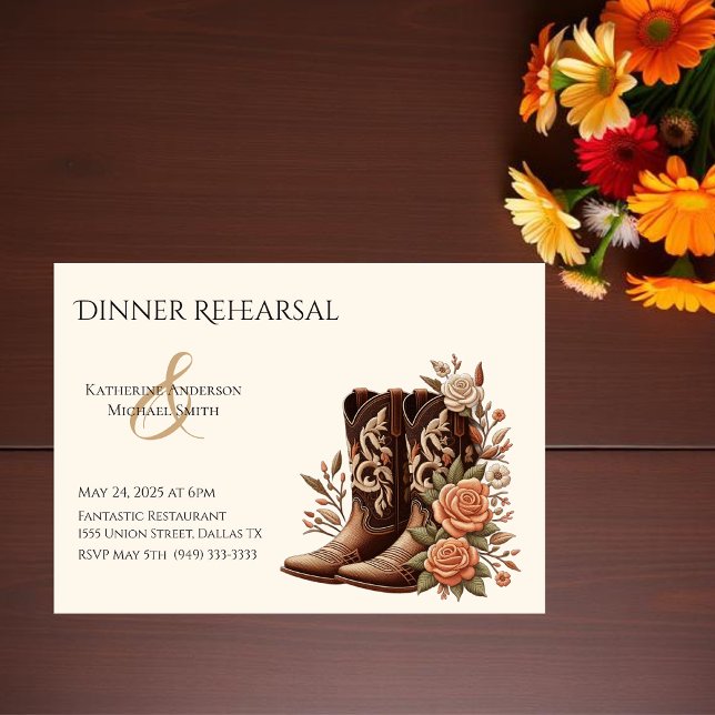Convites Country Western Flowers com Boots de Cowboy (Country Western-Flowers with Cowboy Boots-Wedding Dinner Rehearsal)