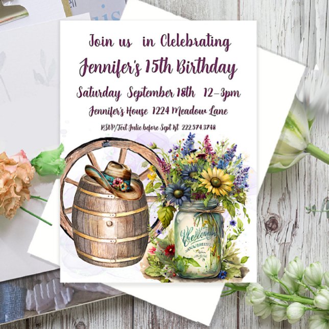 Convites Country Western, Mason Jar, 15 Birthday (Criador carregado)