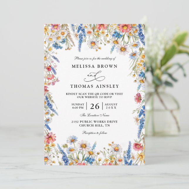 Convites Country Wildflower Rustic Modern QR Code Wedding (Em pé/Frente)