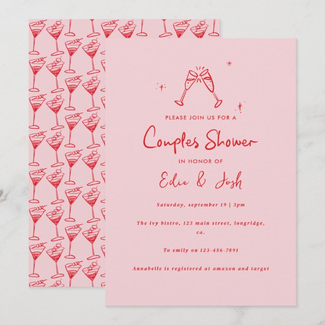 Convites Couples shower modern pink red elegant handwritten (Frente/Verso)
