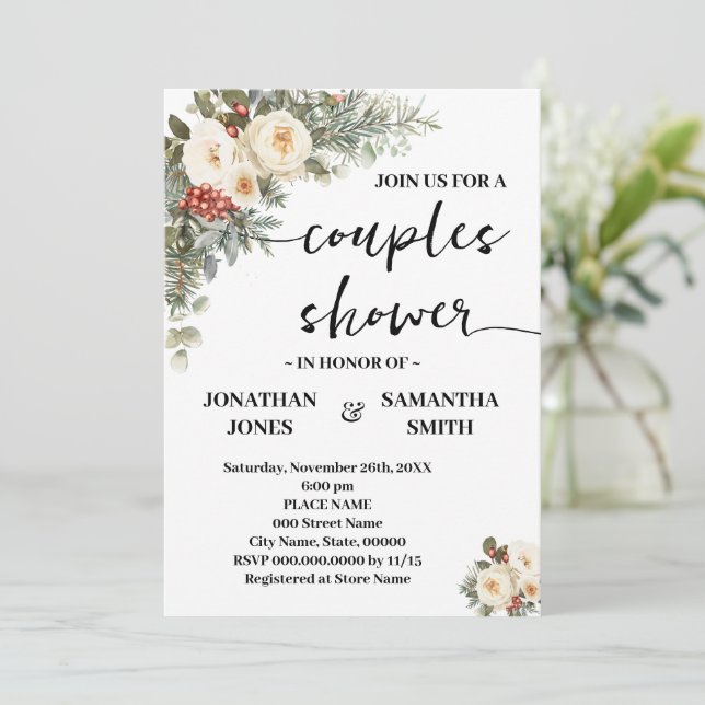 Convites Couples Shower White Winter Flowers (Em pé/Frente)