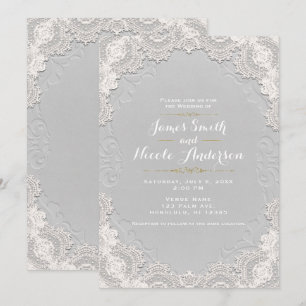 Convites Couro Branco de Camurça Vintage Lace Casamento Wes