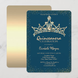 Convites Couro de Ouro Chic Diamantes Coroa Azul Quinceañer