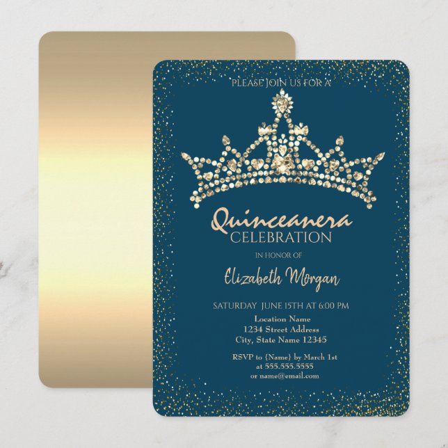 Convites Couro de Ouro Chic Diamantes Coroa Azul Quinceañer (Frente/Verso)