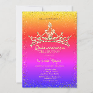 Convites Couro Dourado Chic Diamantes Coroa Colorida Quince