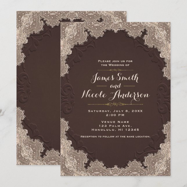 Convites Couro Marrom Suede Vintage Renda Casamento Western (Frente/Verso)