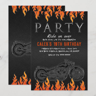 Convites Couro Preto Chamas Laranjas Moto Partido de Motoci