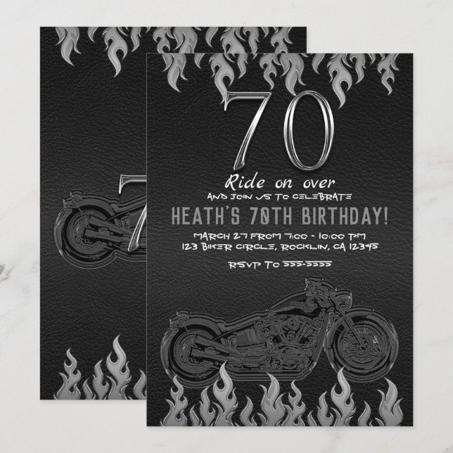 Convites Couro Preto Moto Prata 70º 70 Aniversário (Frente/Verso)