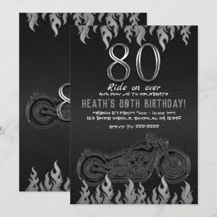 Convites Couro Preto Moto Prata 80TH 80 Aniversário