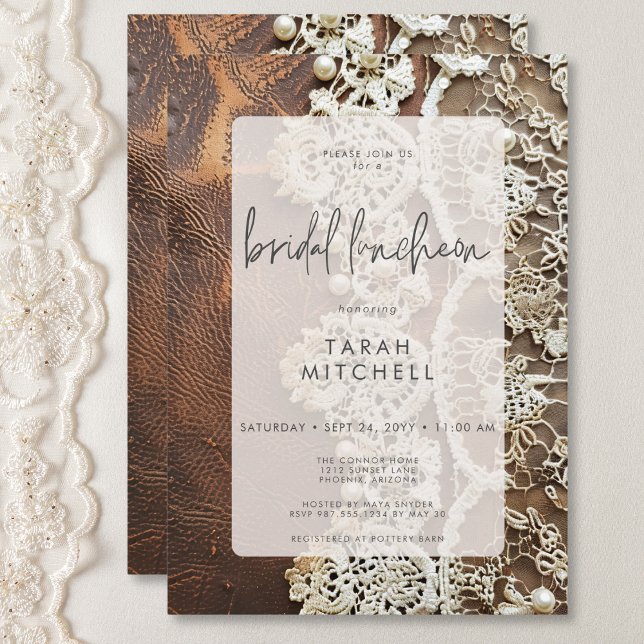Convites Couro Russo e Arrebatamento Bridal (Rustic Leather & Bridal Lace Bridal Luncheon Invitation)