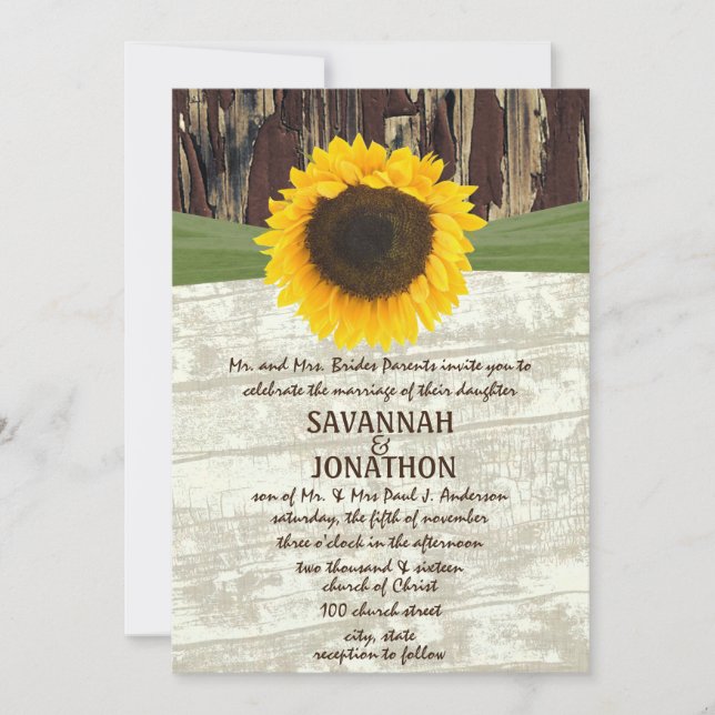 Convites Coutry Chic Barn Wood Sunflower Weditation (Frente)