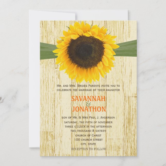 Convites Coutry Chic Barn Wood Sunflower Weditation (Frente)