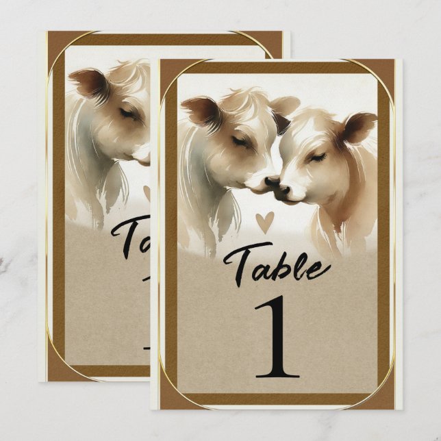 Convites Cow Love Brown Cream Country Wedle Table Number (Frente/Verso)