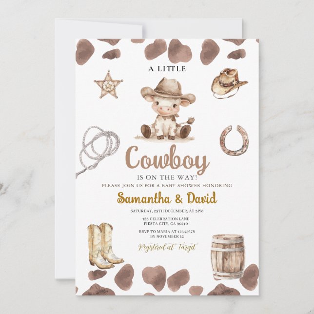 Convites Cow Pattern Cowboy is on the Way Baby Shower  (Frente)