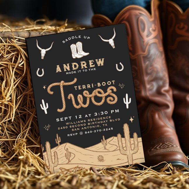 Convites Cowboy 2nd Birthday Party Terri-Boot Twos Black (Cowboy 2nd Birthday Party Terri-Boot Twos Western Invitation
)