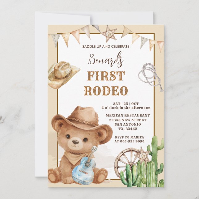 Convites Cowboy Bear Western First Rodeo Birthday (Frente)