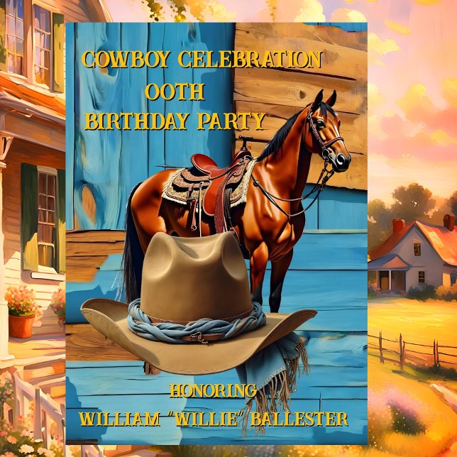 Convites Cowboy Birthday Party Barn Horse Hat blue brown (Criador carregado)