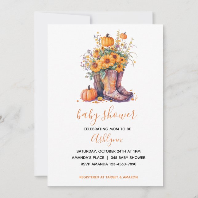 Convites Cowboy Boots Floral Pumpkin Fall Chá de fraldas (Frente)