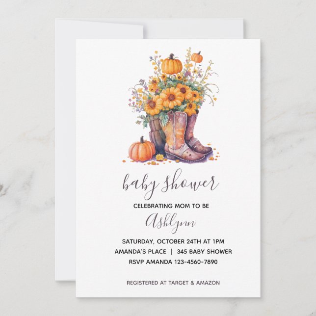 Convites Cowboy Boots Floral Pumpkin Outono Chá de fraldas (Frente)