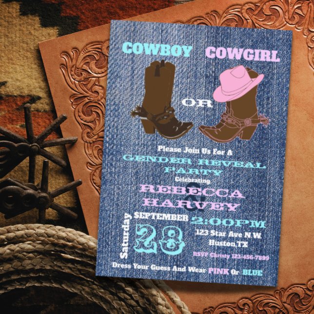 Convites cowboy ou cowboy de denim azul ou festa reveladora (blue denim cowboy or cowgirl gender reveal party invitation)