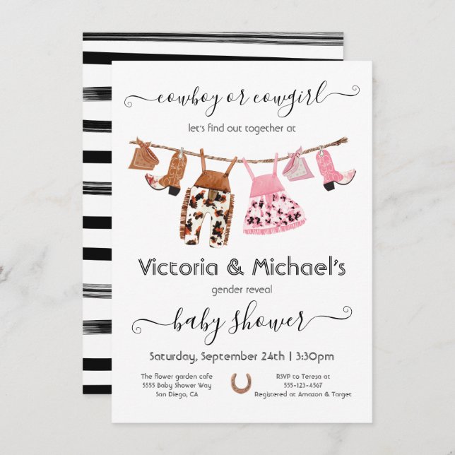 Convites Cowboy ou Cowgirl Revelar Chá de fraldas de Linha  (Frente/Verso)