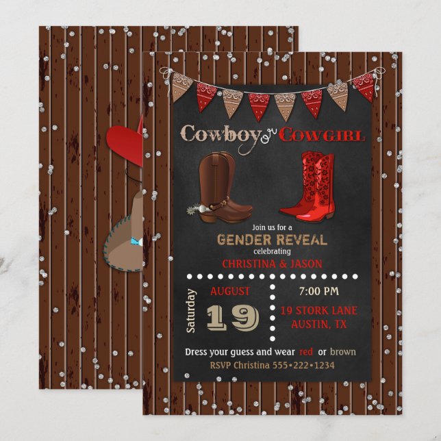 Convites Cowboy ou Cowgirl Western Gender Revelam Red Brown (Frente/Verso)