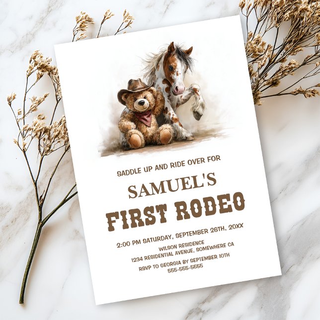 Convites Cowboy Teddy Bear First Rodeo Birthday Party (Criador carregado)