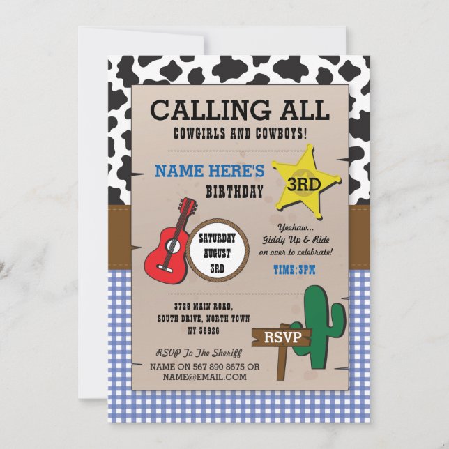 Convites Cowboys Blue Check Birthday Sheriff Western Invest (Frente)