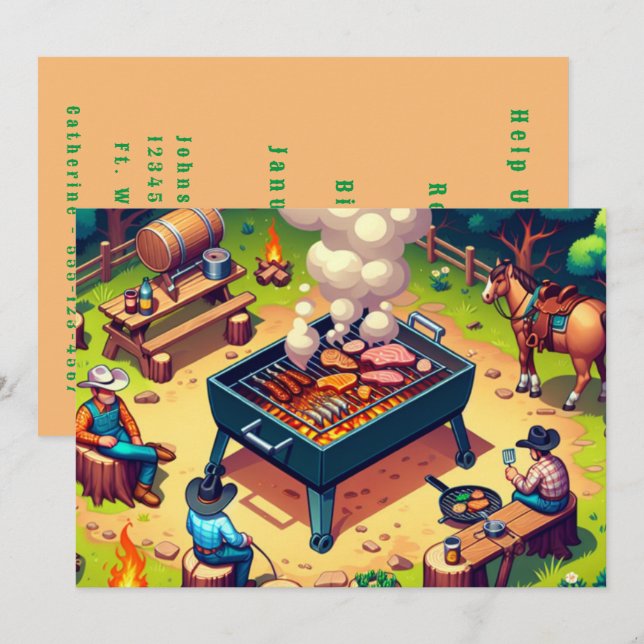 Convites Cowboys do Oeste Cozinhando Churrasco Personalizad (Frente/Verso)