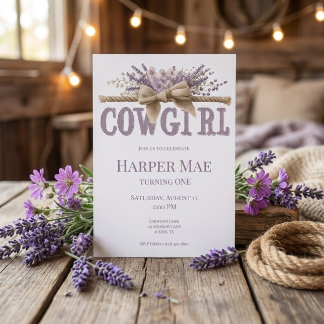 Convites Cowgirl Birthday Invitation | Farm Theme (watercolor cowgirl birthday invitation with lavender flowers on rustic wooden background)