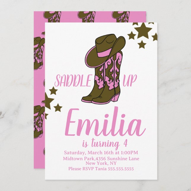 Convites Cowgirl Boots Horse Themed Birthday Pink (Frente/Verso)