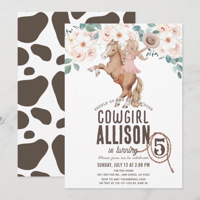 Convites Cowgirl Floral Rodeo Western Pony Ride Birthday (Frente/Verso)