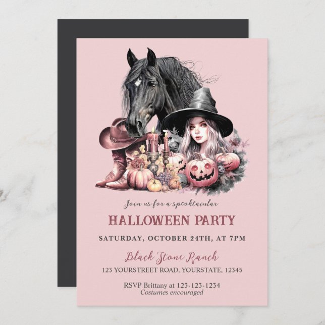 Convites Cowgirl Halloween, cavalo rosa, menina negra (Frente/Verso)