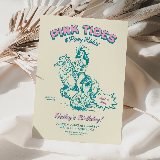 Convites Cowgirl Mermaid Birthday Tides Pony Rides (coastal cowgirl invite, mermaid birthday invite, adult mermaid invite, pink cowgirl party, retro bir)