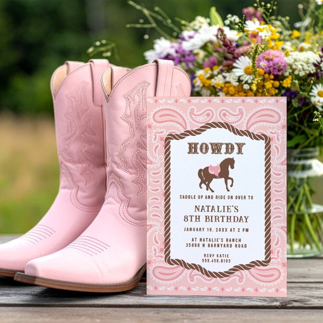 Convites Cowgirl Rosa | Silhueta de cavalos | Aniversário (Criador carregado)